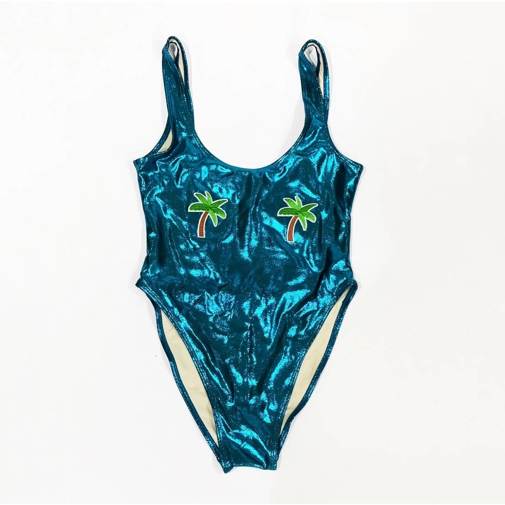 NEW Private Party S M Palm Tree Patches One Piece Swimsuit Metallic Bathing Suit